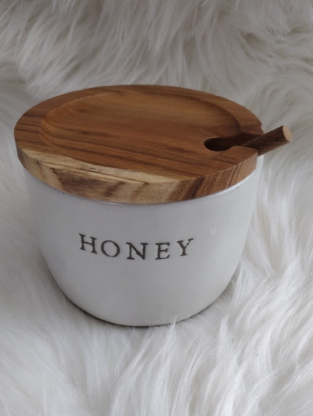 White Ceramic Honey Pot with Wood Lid and Dipper
